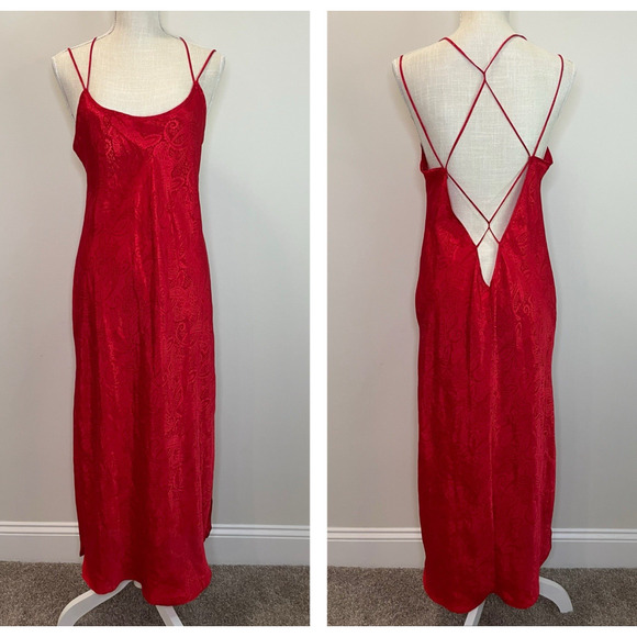 Vintage 80s California Dynasty L Red Floral Night Gown Slip Lingerie Strap Back - Picture 1 of 11